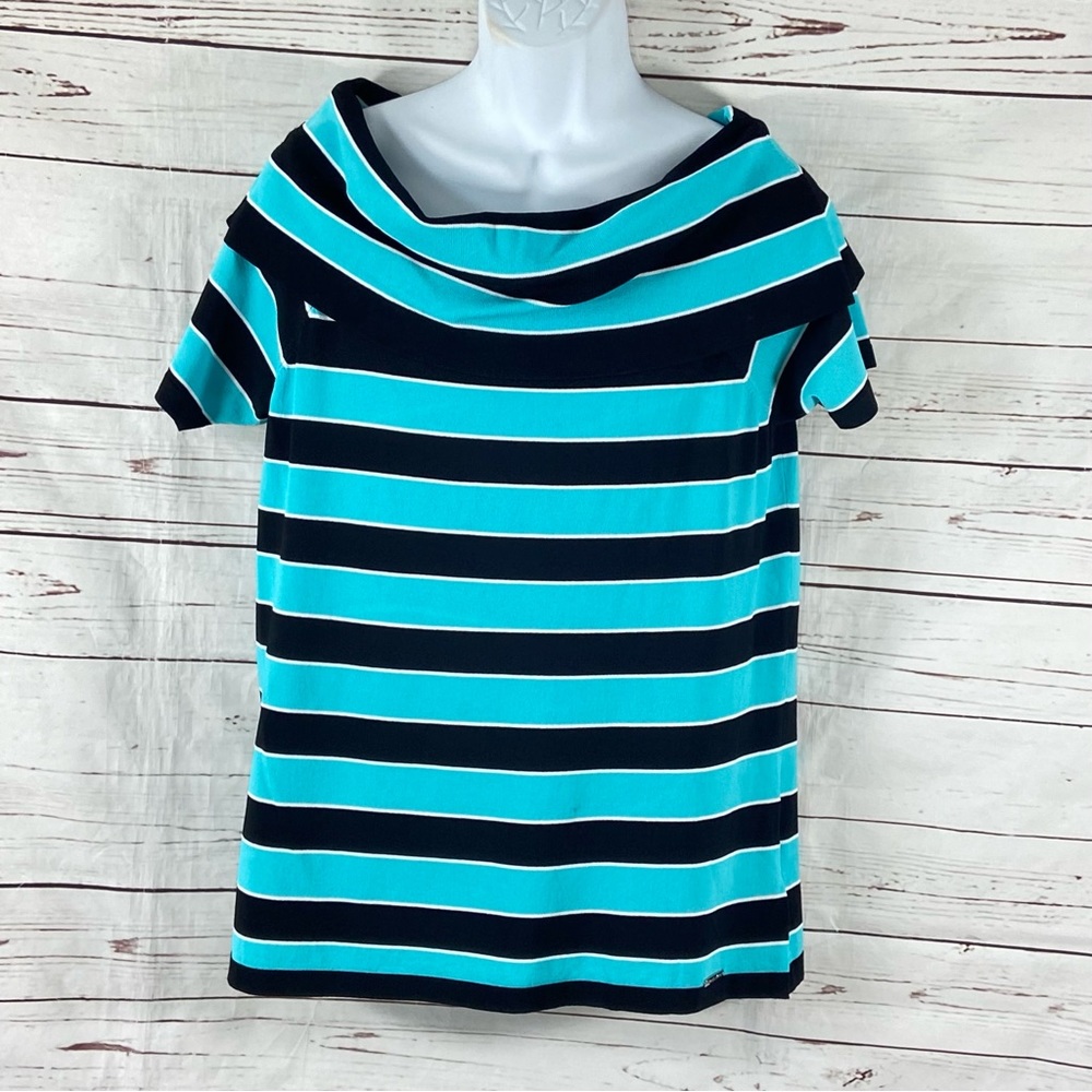 Michael Kors  Top‎ Women’s XL Blue/Black Striped Knit Cowl Neck Short Sleeves.